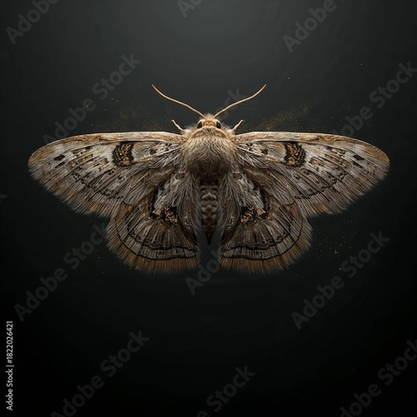Fototapeta Elegant moth with patterned wings and golden shimmering particles on dark background