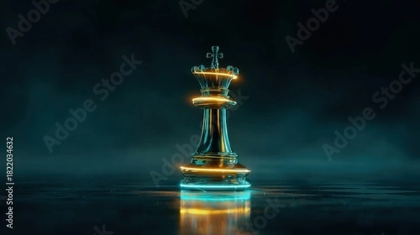 Fototapeta Glowing glass chess king piece stands alone in a dimly lit environment with a mysterious ambiance