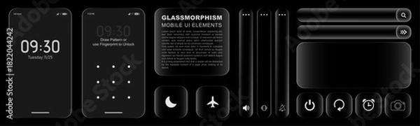 Obraz 3d Liquid glassmorphism smartphone icons  and interface isolated for dark theme. White stoke UI light frame square and circle banner with glow stroke. vector illustration of an abstract background.