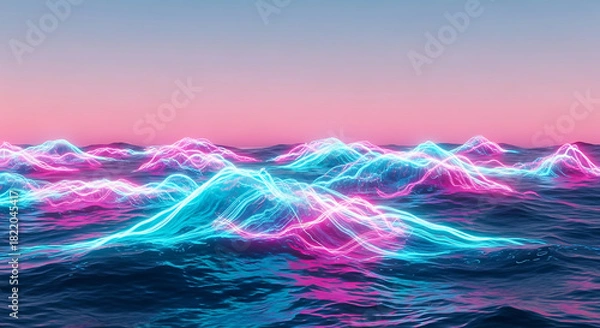 Fototapeta Glowing neon mountains reflecting in dark water under a pink and blue gradient sky landscape view ai generated