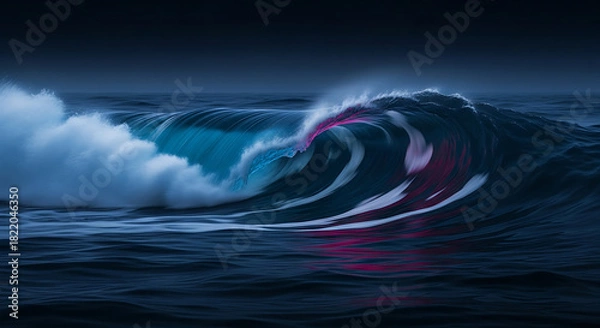 Fototapeta A large ocean wave curling with white foam and red light in the dark blue sea landscape scene ai generated