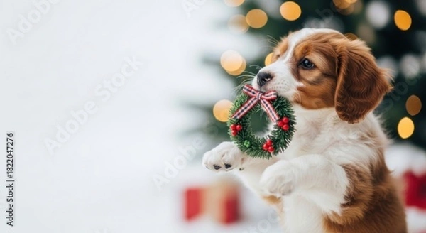 Fototapeta Puppy playing with Christmas wreath in front of decorated tree  