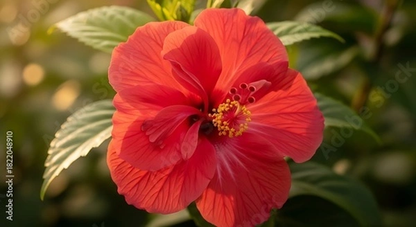 Fototapeta A vibrant red hibiscus flower in full bloom with green leaves and a blurred background in soft lighting ai generated