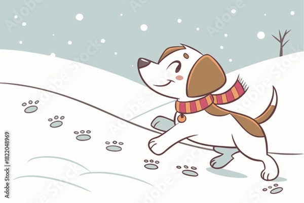 Obraz Puppy in scarf running through snow, leaving tiny footprints, sparkling frost