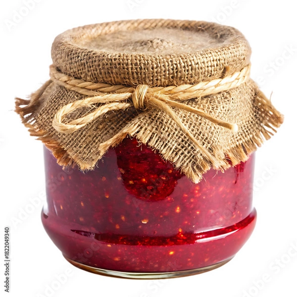 Fototapeta Delicious raspberry jam in glass jar homemade preserve with burlap cover and twine on transparent background. PNG
