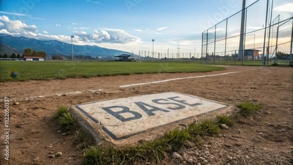 Fototapeta Baseball base on a well-maintained field under a bright, cloudy sky, ready for a game