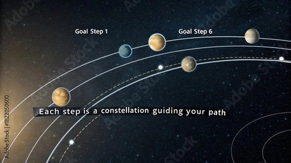 Fototapeta Celestial spheres align on orbital paths indicating goal steps in cosmic progression