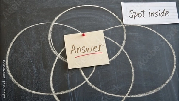 Fototapeta Chalkboard sketch with overlapping circles and a sticky note labeled "Answer" representing a conceptual solution