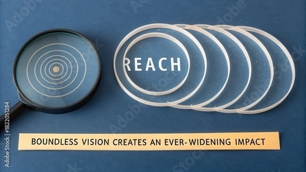 Fototapeta Concentric clear rings with the word REACH on a dark blue surface, representing business vision and growth.