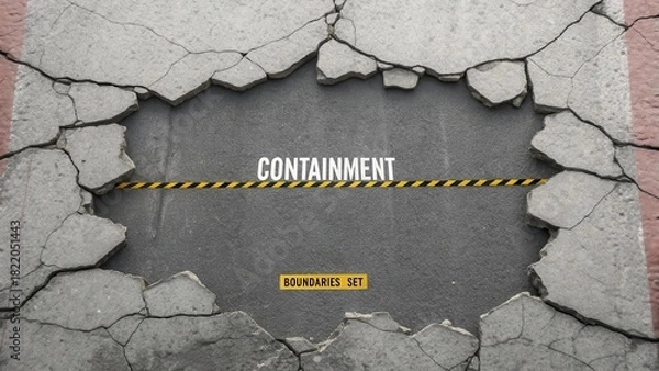 Fototapeta Cracked concrete wall with containment and boundaries set tape