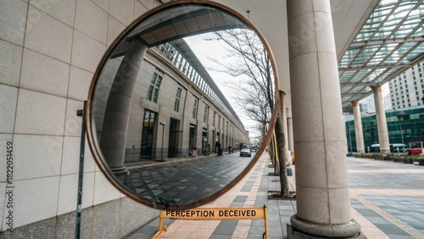 Fototapeta Convex Mirror Reflecting a City Street and Building Facade with a "Perception Deceived" Sign
