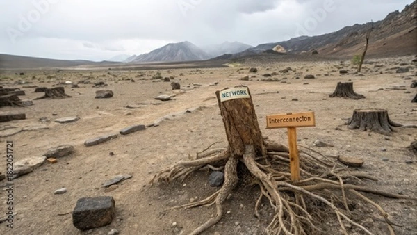 Fototapeta Desolate desert landscape featuring prominent tree roots and signs labelled Network and Interconnection