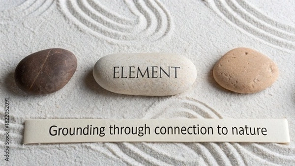 Fototapeta Four natural river stones arranged on rippled sand with one stone inscribed with the word ELEMENT