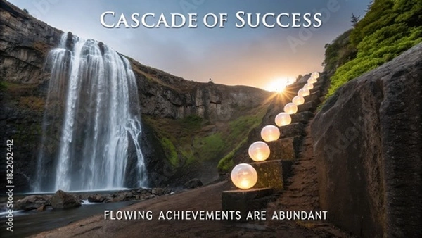Fototapeta Glowing orbs ascend a mountainside path beside a magnificent waterfall at sunset, symbolizing abundant success and flowing achievements.