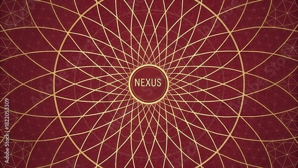 Fototapeta Intricate gold radiating geometric nexus pattern on a deep red background, symbolizing connection and complexity.