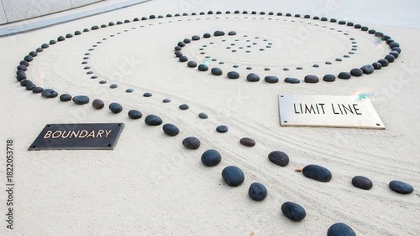 Fototapeta Meticulously Arranged Dark Obsidian Stones Form a Spiral Pattern in a Zen Garden