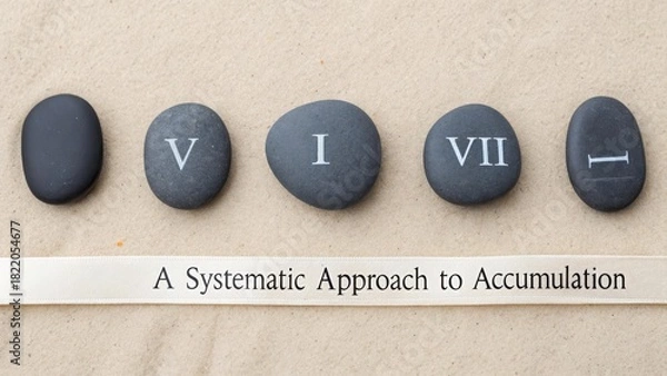 Fototapeta Seven smooth dark stones displaying Roman numerals V I and VII arranged on a sandy background with a banner indicating a systematic approach to accuracy