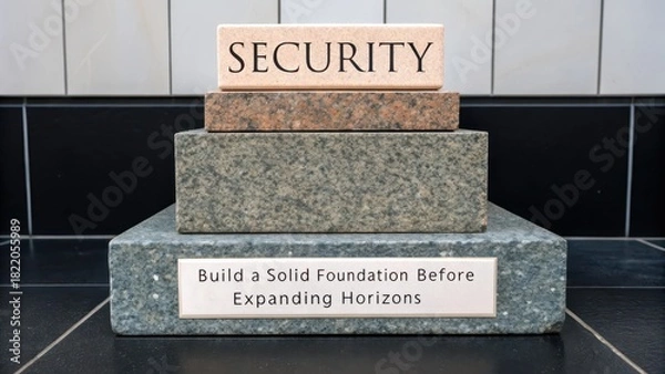 Fototapeta Three Polished Granite Blocks with 'Security' Engraved, Stacked on a Base with Inspirational Quote