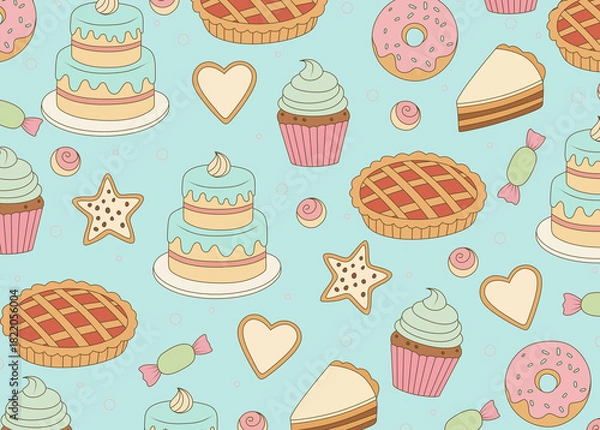 Fototapeta background with colorful hand-drawn bakery and pastry products. Cakes, donuts, cupcakes, cookies, and sweets are featured. Suitable for sweet packaging, cafe menus, and pastry shop menus.