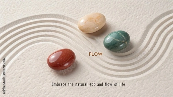 Fototapeta Three smooth polished stones resting on a textured surface with gentle wavy lines