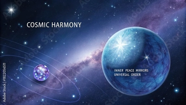 Fototapeta Two luminous celestial orbs floating in a deep indigo star-dusted cosmic expanse, representing universal order and inner peace.