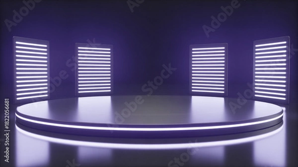 Fototapeta Futuristic room with glowing table and digital screens.