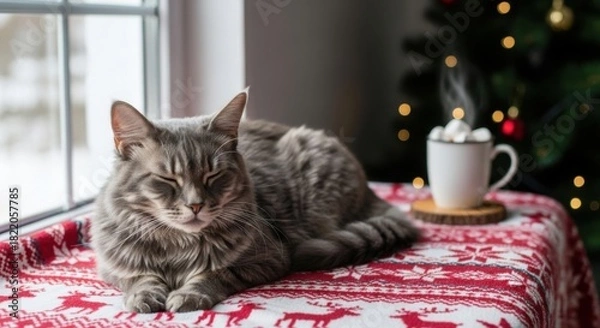 Fototapeta Gray cat resting on festive tablecloth by window with hot drink  