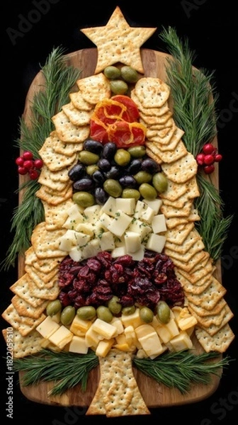 Obraz Festive cheese and cracker platter shaped like a Christmas tree for holiday gatherings and celebrations