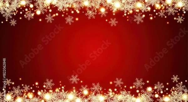 Fototapeta Winter golden snowflakes and lights on red backdrop