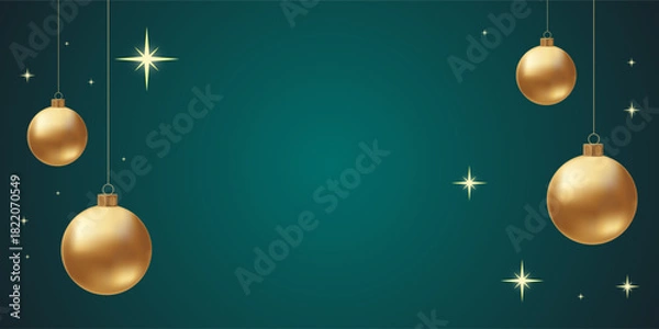 Fototapeta Elegant Christmas Background with Golden Baubles and Shining Stars on Dark Green Gradient