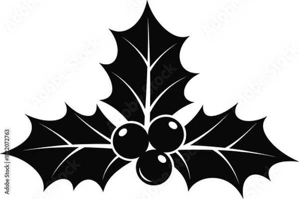 Obraz Black and White Foliage Icons Vector Set: Holly Berry, Palm Leaf, Wreath, Laurels, Berries; Minimalist Botanical Silhouette Elements for Christmas, Decoration, Logo, and Nature Design.