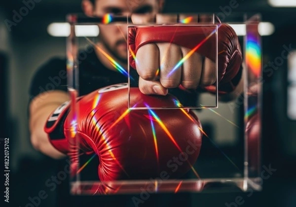 Fototapeta Man with boxing glove punch through a crystal cube | boxing, boxer, fighting, punch, athlete, gloves, training, action, combat sport, strength
