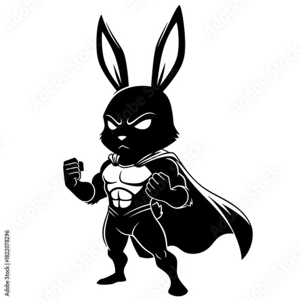 Fototapeta Black superhero rabbit character vector mascot standing heroically with cape and muscular chest isolated on white background
