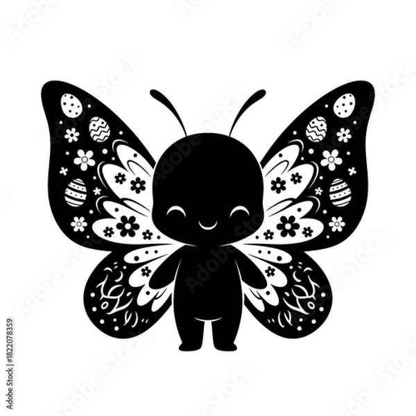 Fototapeta Cute cartoon butterfly character vector illustration with floral and Easter egg wing patterns isolated on white background