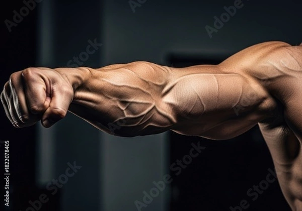 Fototapeta Muscular arm flexes showing defined veins | boxing, boxer, fighting, punch, athlete, gloves, training, action, combat sport, strength
