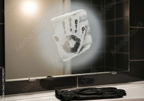 Fototapeta Handprint steamed on mirror with black glove | boxing, boxer, fighting, punch, athlete, gloves, training, action, combat sport, strength