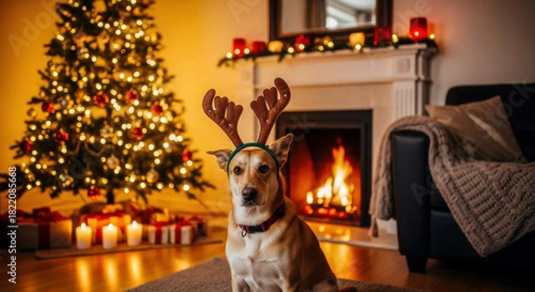 Fototapeta A festive dog wearing reindeer antlers sits happily by a glowing christmas tree and fireplace. isolated on white background, Vector