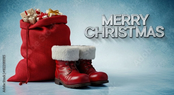 Fototapeta Red santa's sack full of gifts and classic boots with 'merry christmas' message isolated on white background, Vector