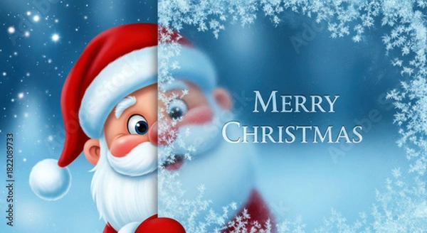 Fototapeta Cartoon santa claus peering from side with merry christmas text and snowy background isolated on white background, Vector