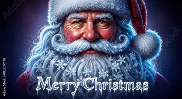 Fototapeta Close-up of santa claus with snowy beard, twinkling blue eyes, and festive red hat for holidays. isolated on white background, Vector