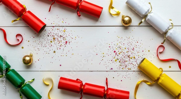 Fototapeta Vibrant christmas crackers, shiny glitter, and golden baubles on a white wood backdrop isolated on white background, Vector