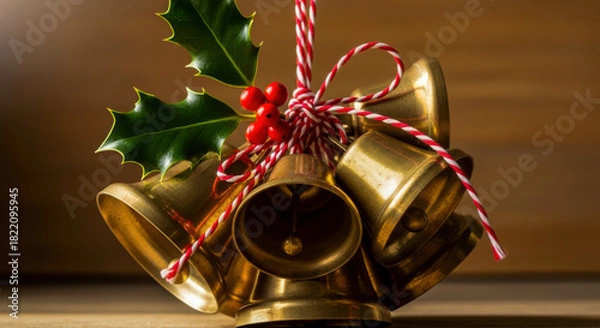 Fototapeta Golden brass christmas bells with festive holly leaves, bright red berries and striped string isolated on white background, Vector