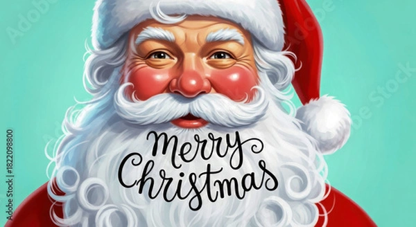 Fototapeta Santa claus portrait with festive merry christmas text on his beard, holiday season isolated on white background, Vector