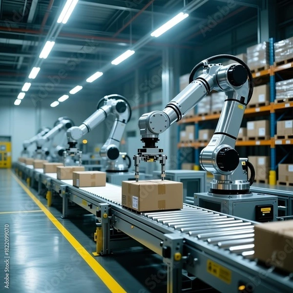 Fototapeta The nighttime storage area is illuminated by blue cool light.Bright and airy empty modern warehouse lobby，The Future Warehouse with Automated Robotic Arm Sorting Systems