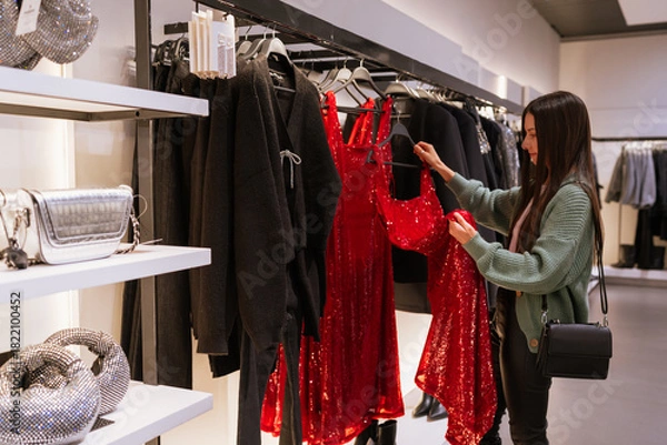 Obraz Young brunette woman choosing a red sequin dress during festive Christmas shopping, exploring holiday outfits and sparkling party looks in a fashion store