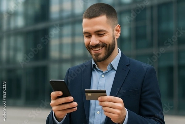 Fototapeta Businessman holding a credit card and smartphone, smiling while making an online payment outdoors.