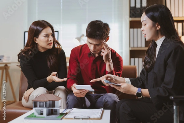 Fototapeta Couple having financial discussion with agent, calculating housing loan and expressing worry about property investment