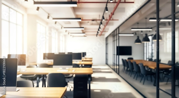 Fototapeta Modern openplan office interior with rows of empty desks, computers, and a glasswalled meeting room, showcasing a contemporary workspace design with natural light