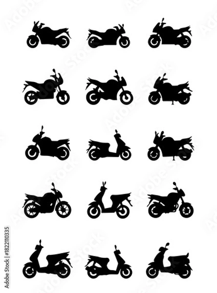 Obraz Mixed Motorcycle and Scooter Silhouettes: Vector Set of Fifteen Black Icons Representing Sport, Naked, and Moped Profiles for Wide Transport Applications.