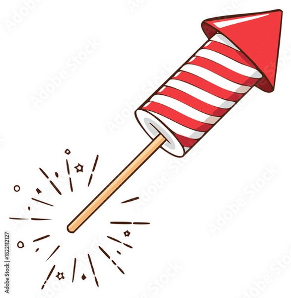 Fototapeta Red and white striped firework rocket with sparking tail against white background